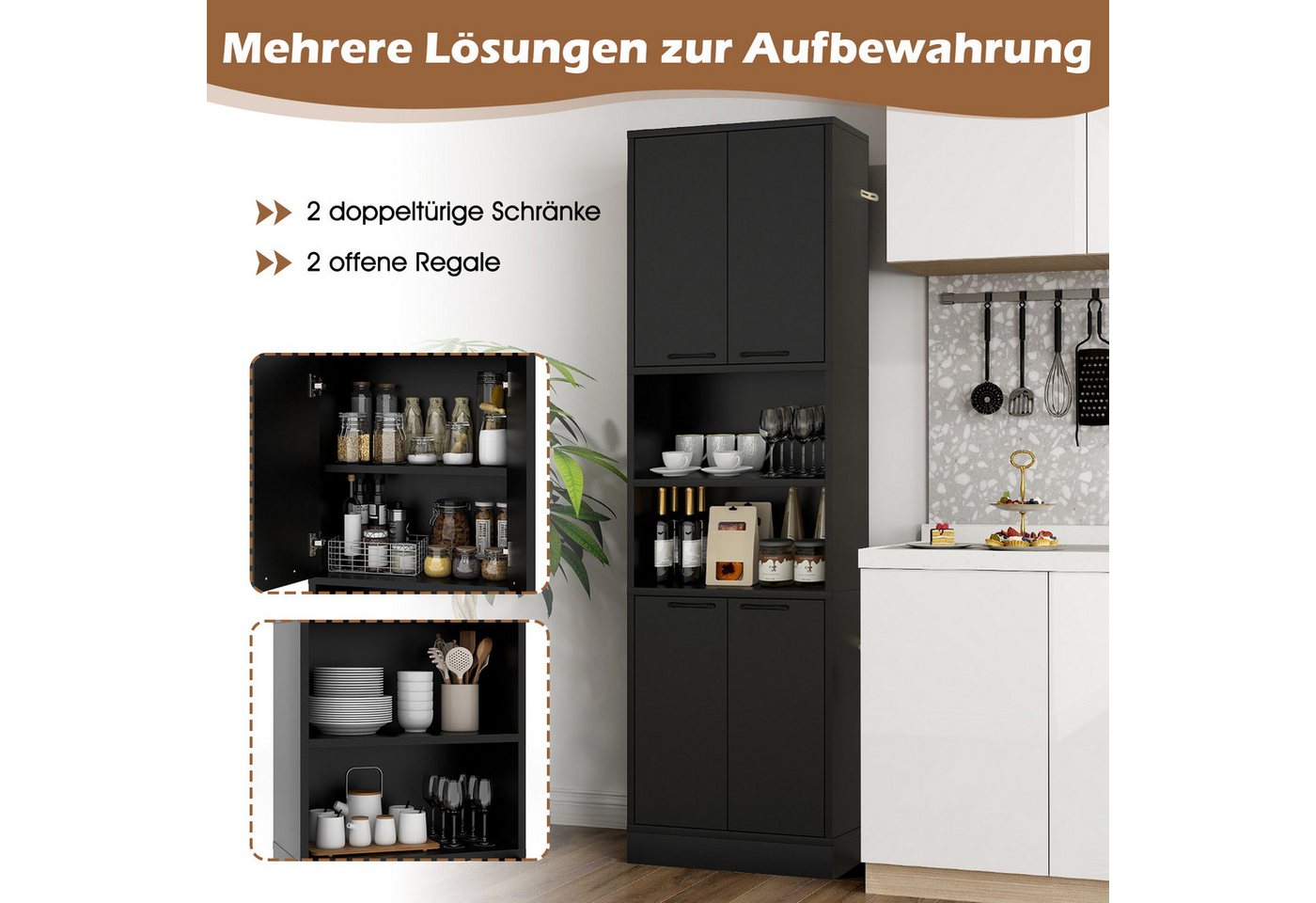 KOMFOTTEU Küchenbuffet Buffetschrank Vorratsschrank mit 4 Türen & offenen Ablagen – Bild 2 von 5