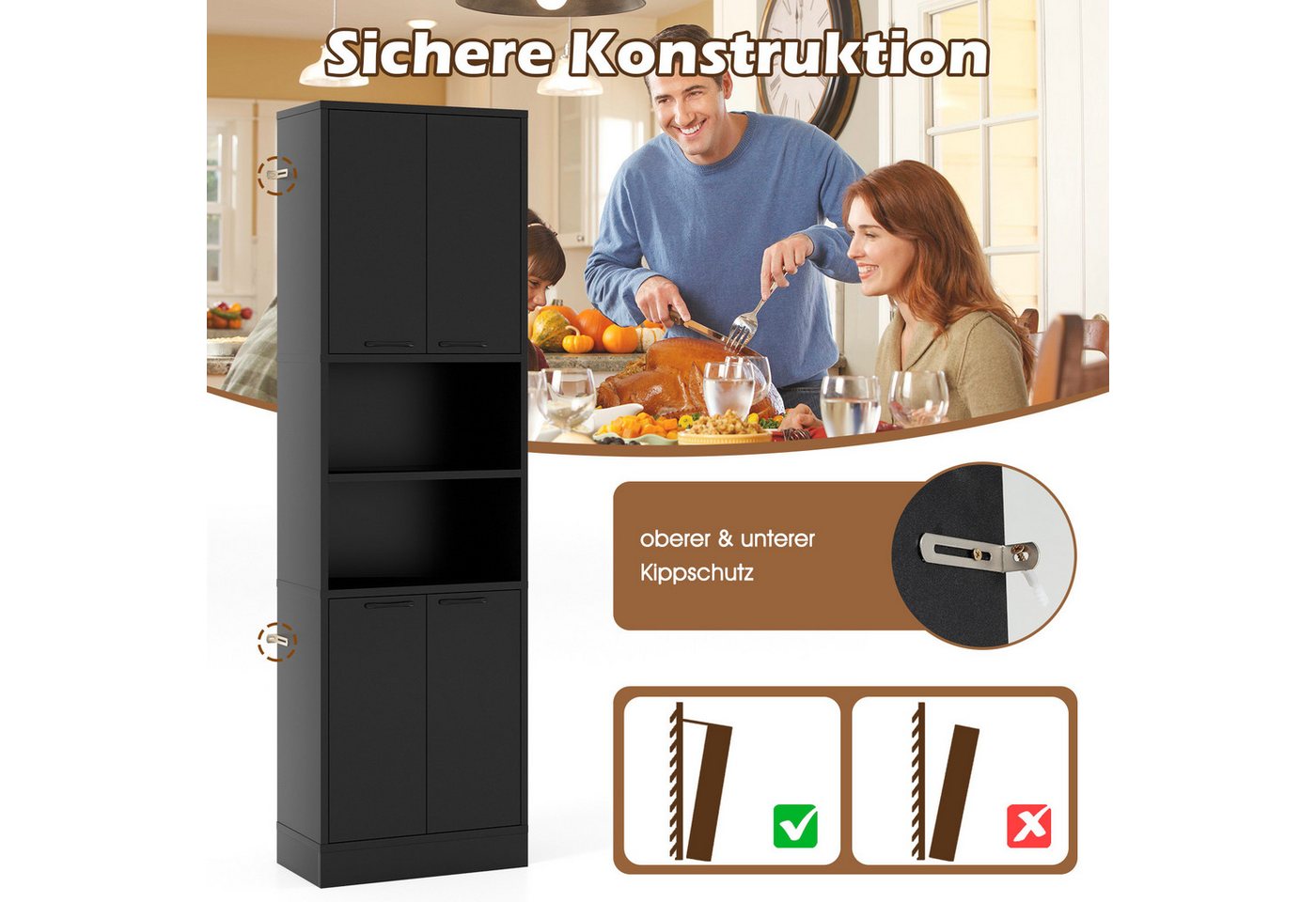 KOMFOTTEU Küchenbuffet Buffetschrank Vorratsschrank mit 4 Türen & offenen Ablagen – Bild 3 von 5