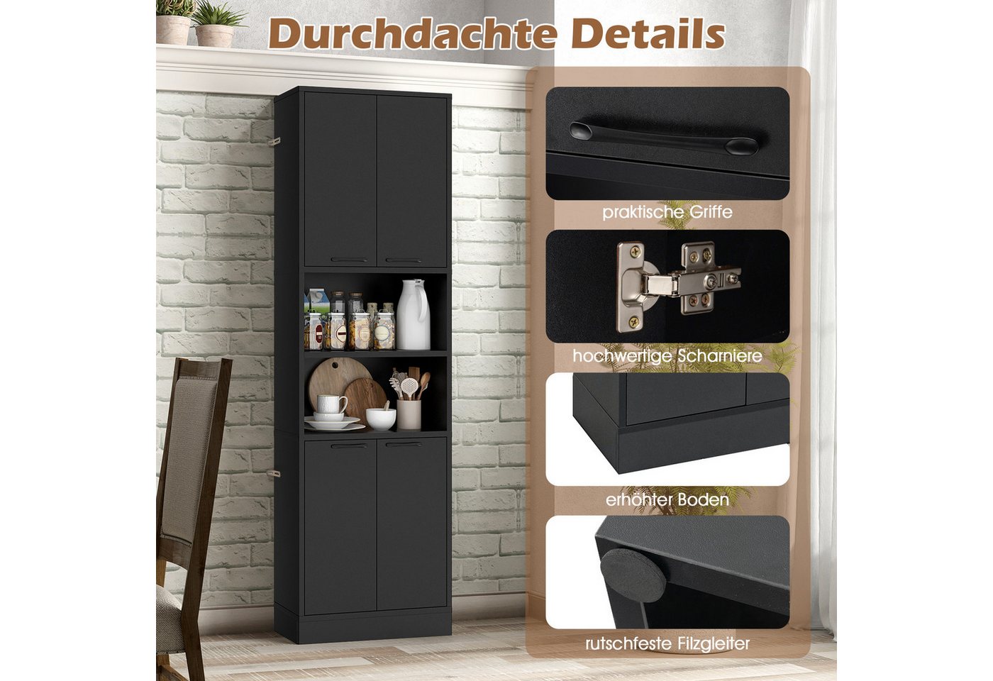 KOMFOTTEU Küchenbuffet Buffetschrank Vorratsschrank mit 4 Türen & offenen Ablagen – Bild 4 von 5