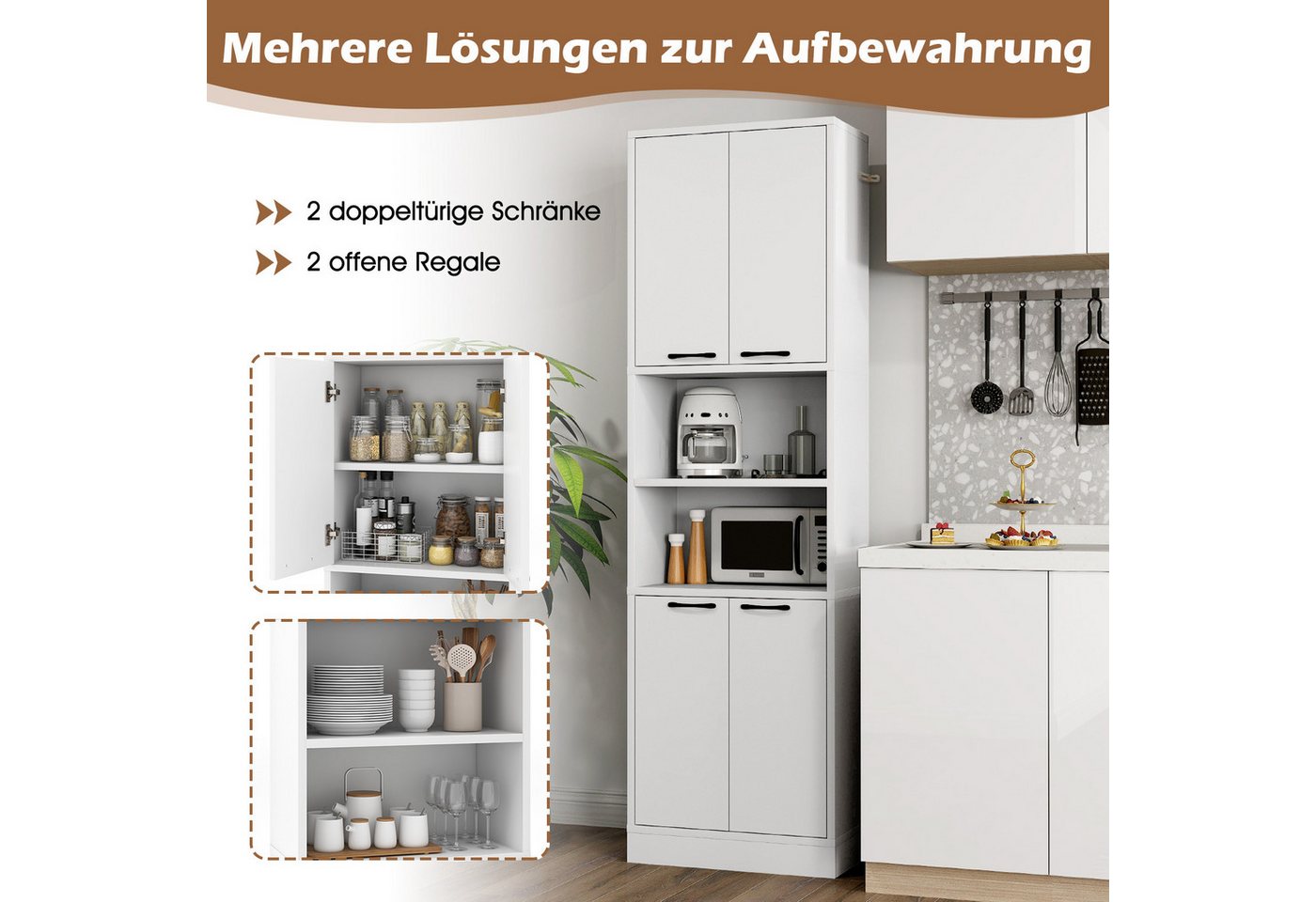 KOMFOTTEU Küchenbuffet Buffetschrank Vorratsschrank mit 4 Türen & offenen Ablagen – Bild 2 von 5