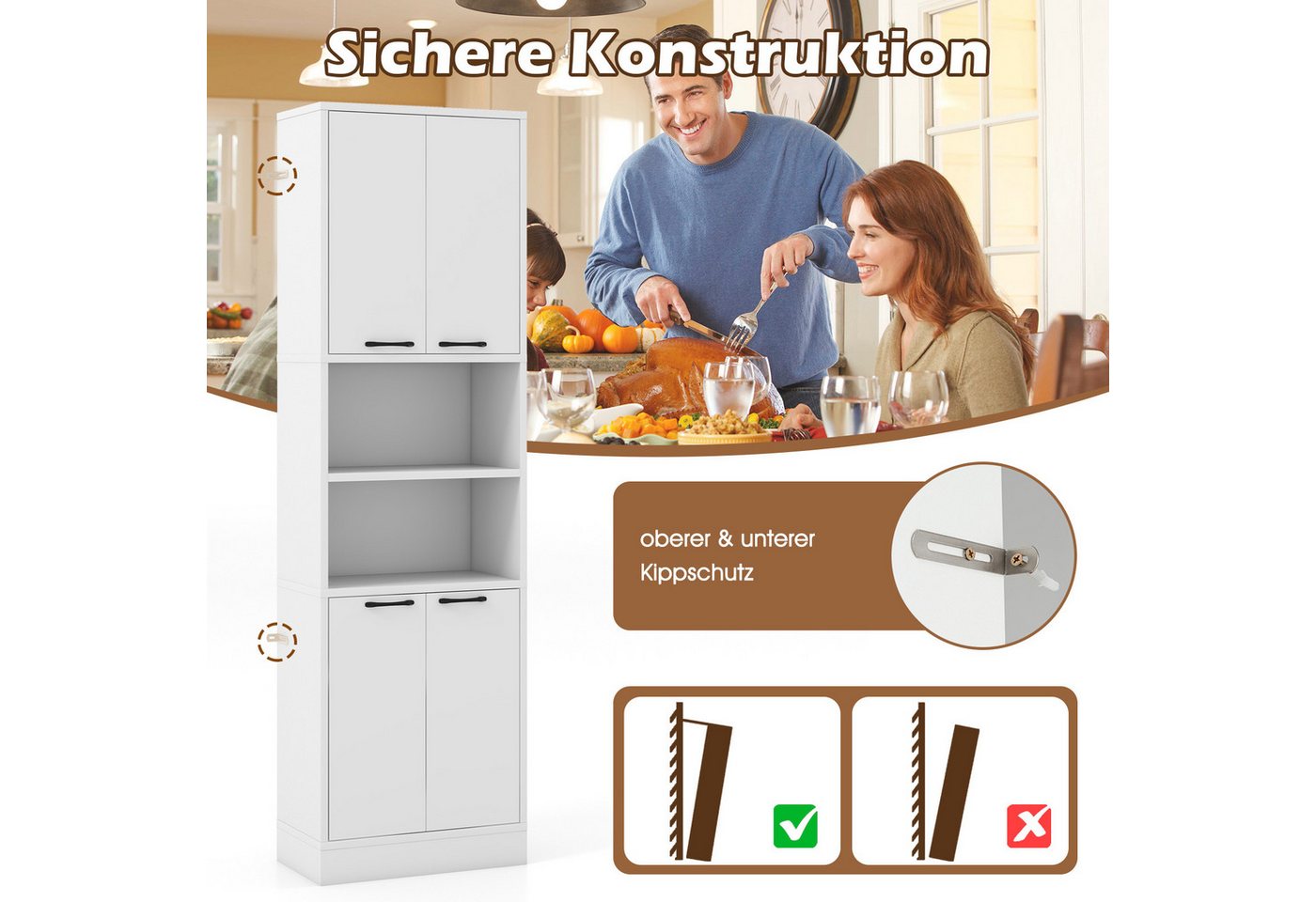 KOMFOTTEU Küchenbuffet Buffetschrank Vorratsschrank mit 4 Türen & offenen Ablagen – Bild 3 von 5