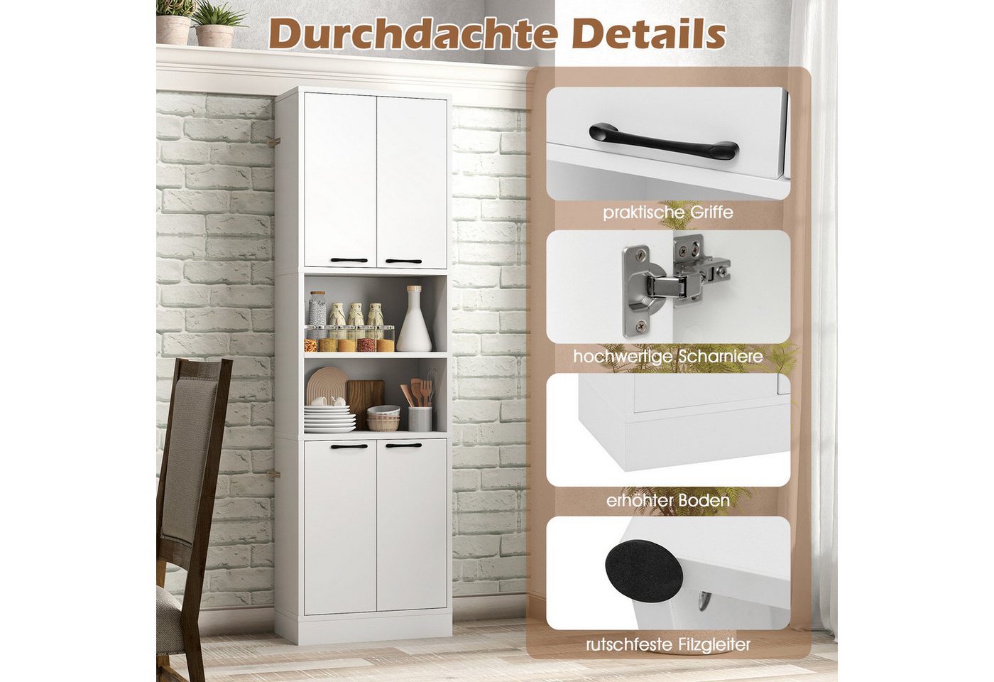 KOMFOTTEU Küchenbuffet Buffetschrank Vorratsschrank mit 4 Türen & offenen Ablagen – Bild 4 von 5