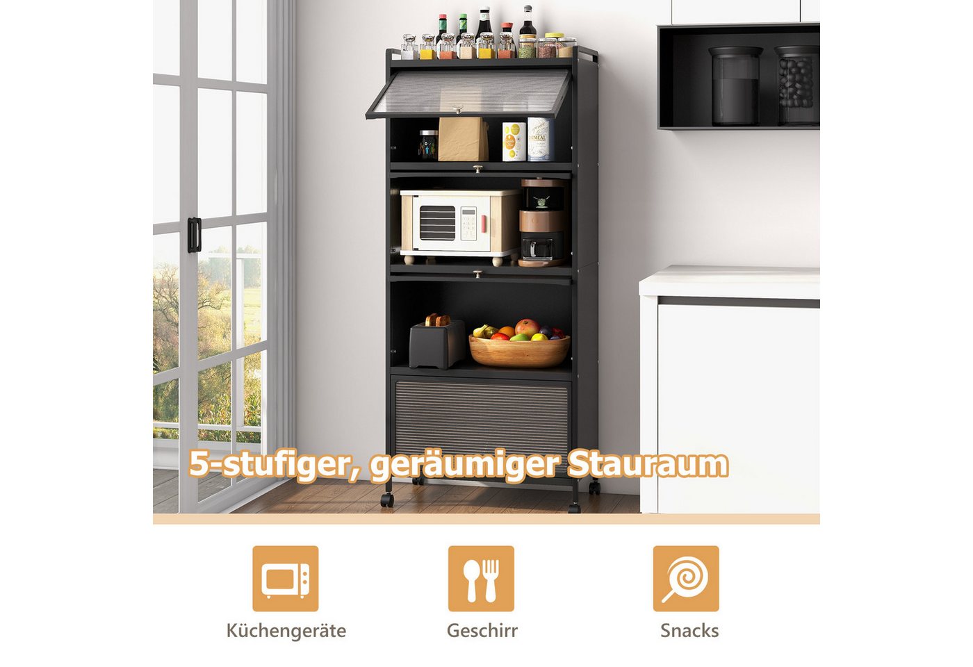 KOMFOTTEU Küchenregal auf Rollen, Küchenschrank Aufbewahrungsregal, mit 5 Ebenen & Tür, 60x32x154 cm – Bild 3 von 5