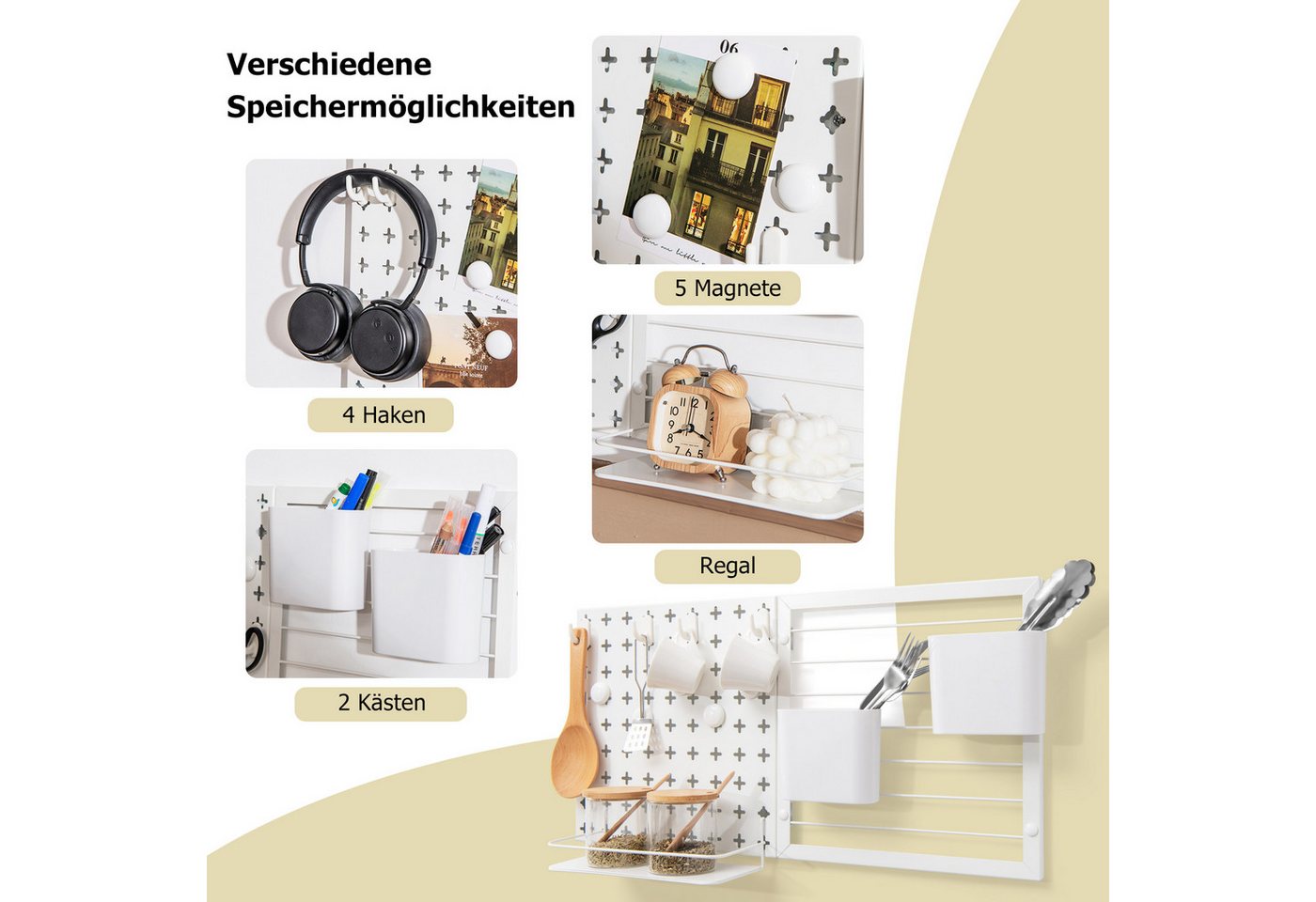 KOMFOTTEU Lochwand, 2 Stücke Pegboards mit Magneten, Haken, Regal & Behältern – Bild 4 von 5