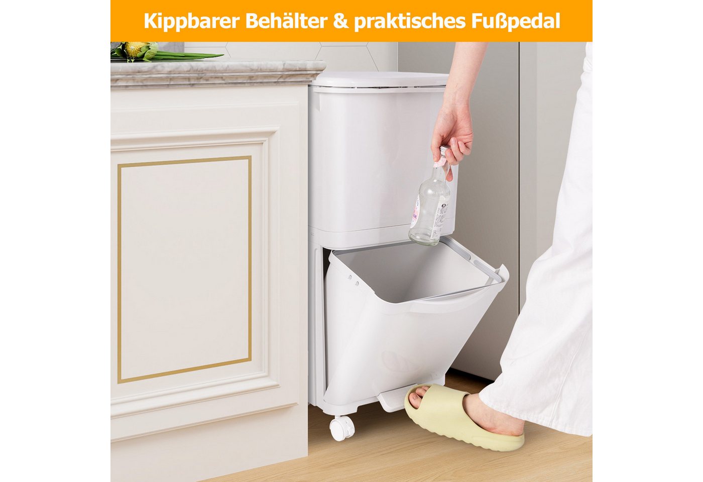 KOMFOTTEU Mülltonnenbox, Haushaltsmülleimer mit 2 Ebenen & 4 Universalrollen – Bild 2 von 5