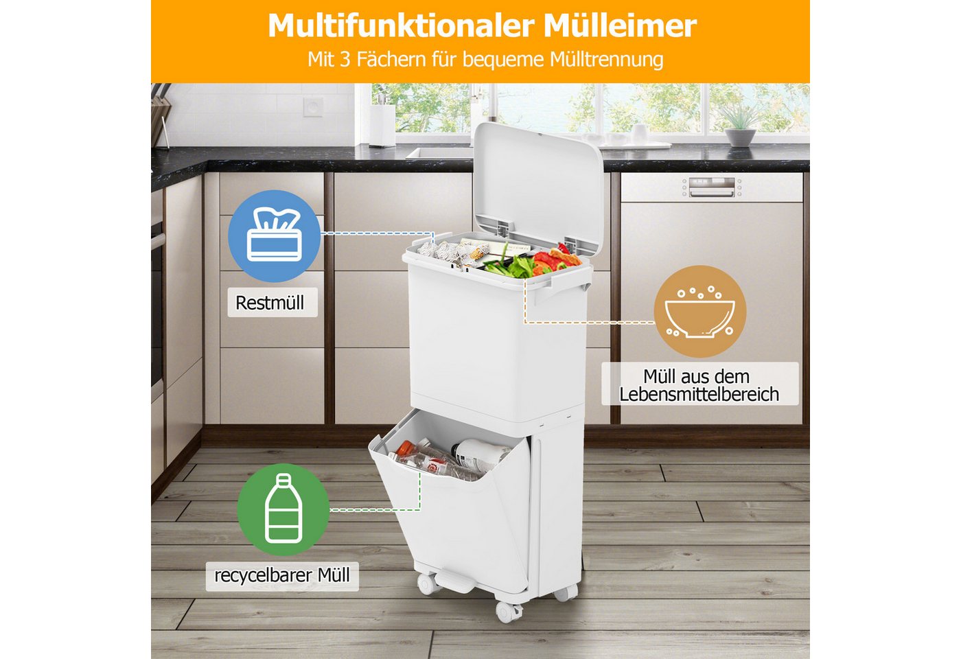 KOMFOTTEU Mülltonnenbox, Haushaltsmülleimer mit 2 Ebenen & 4 Universalrollen – Bild 4 von 5