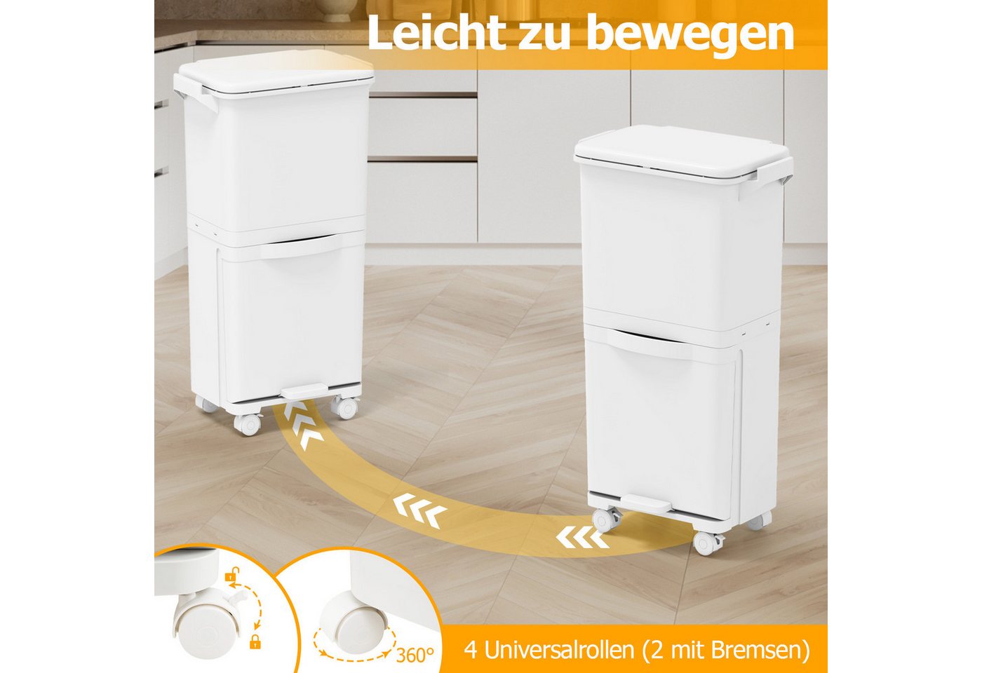 KOMFOTTEU Mülltonnenbox, Haushaltsmülleimer mit 2 Ebenen & 4 Universalrollen – Bild 5 von 5