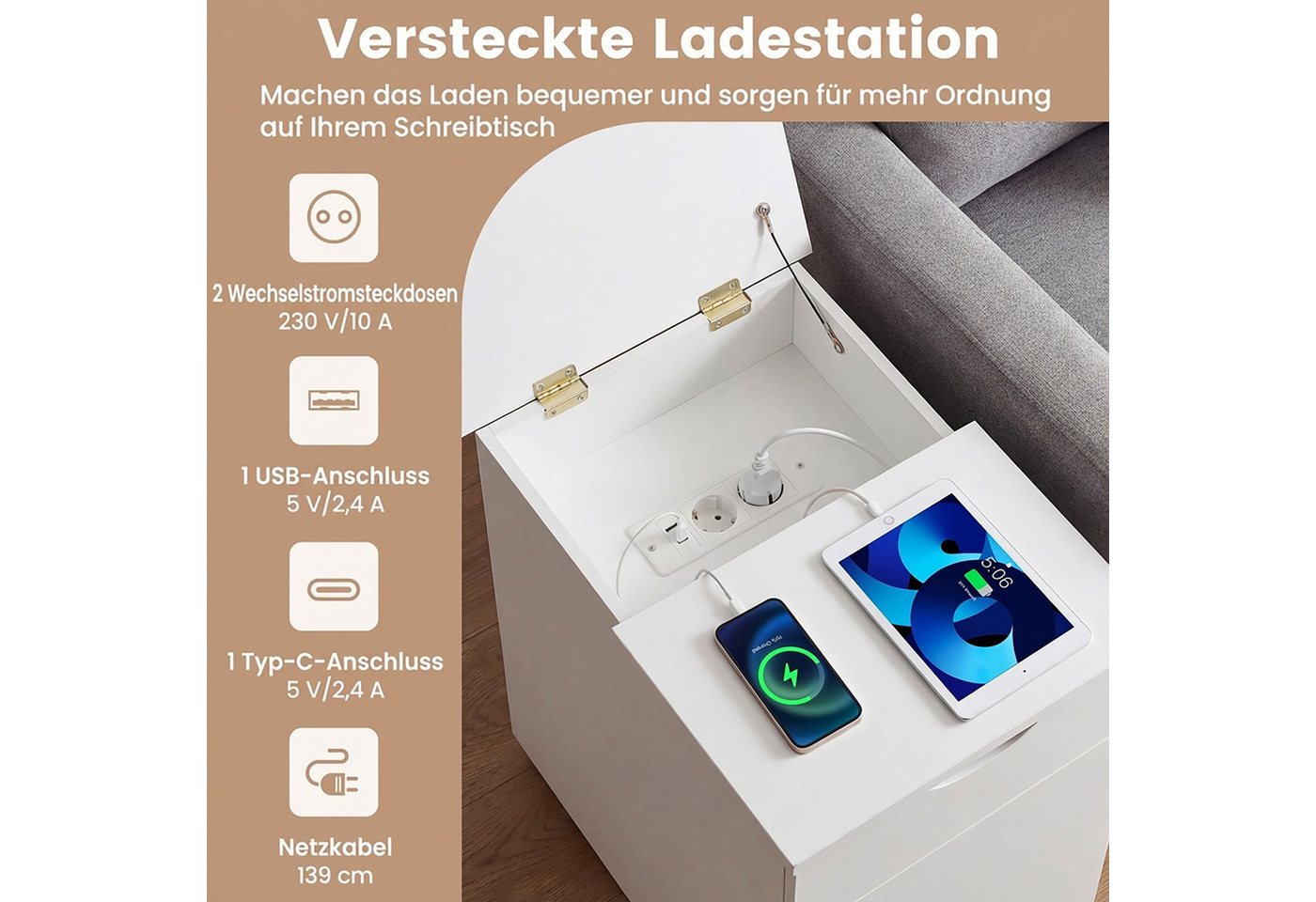 KOMFOTTEU Nachttisch, Nachtschrank Beistelltisch mit versteckter Ladestation & Tablett – Bild 4 von 5