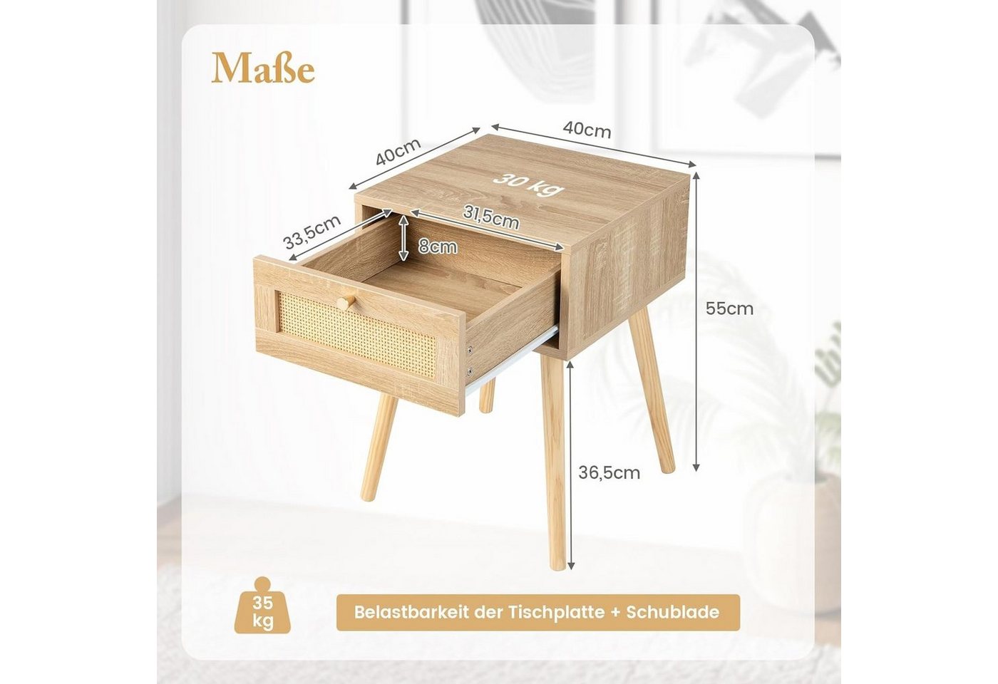 KOMFOTTEU Nachttisch Beistelltisch, mit Schublade, 40 × 40 × 55 cm – Bild 5 von 5