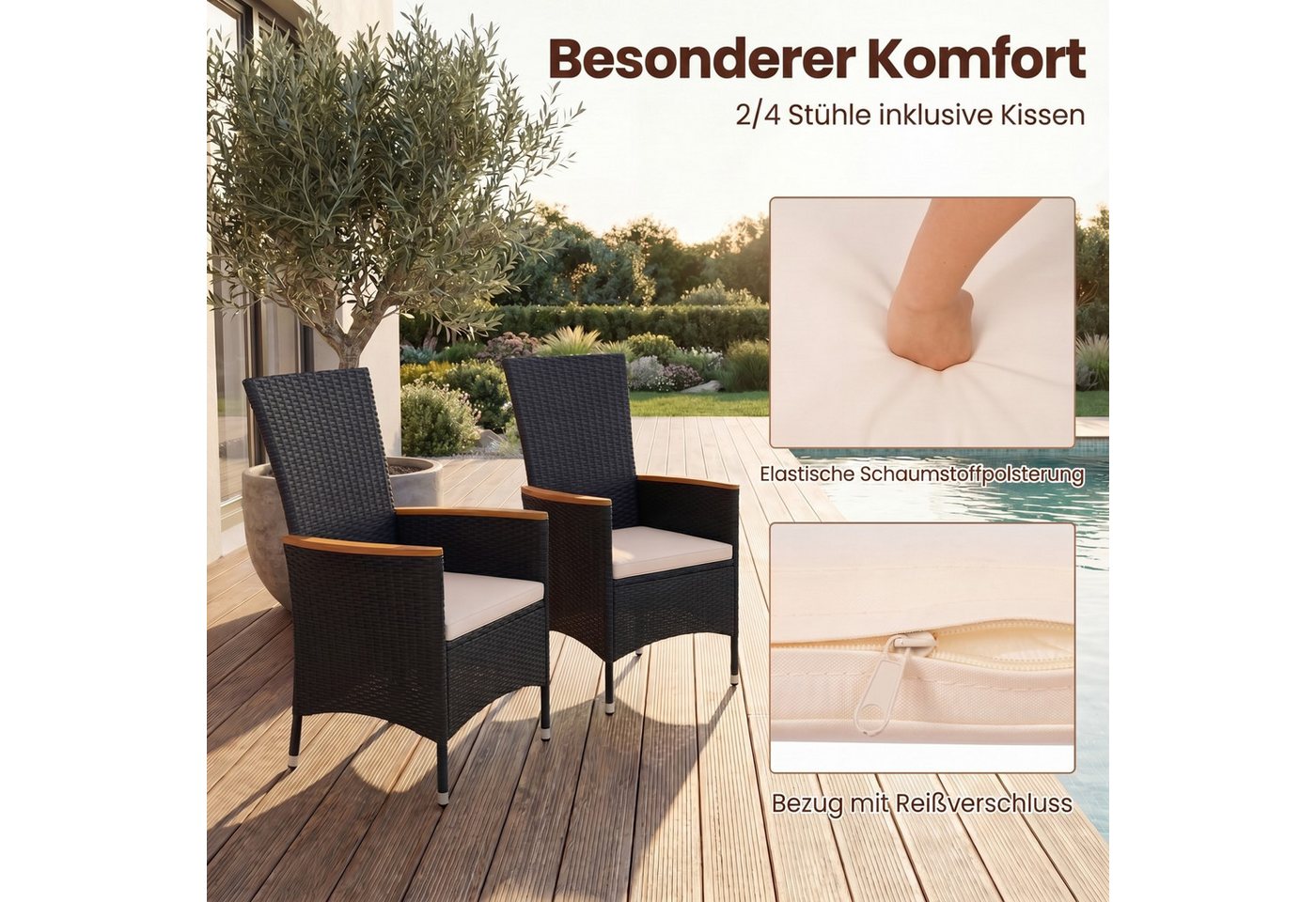 KOMFOTTEU Rattanstuhl (2 St), Gartenstühle Rattansessel mit Armlehnen aus Akazienholz – Bild 4 von 5