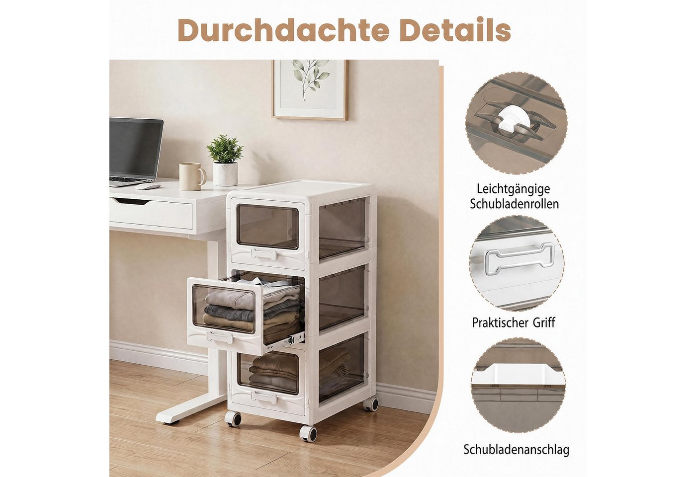 KOMFOTTEU Rollwagen Schubladenschrank Rollcontainer Kunststoff, mit Rollen – Bild 3 von 5