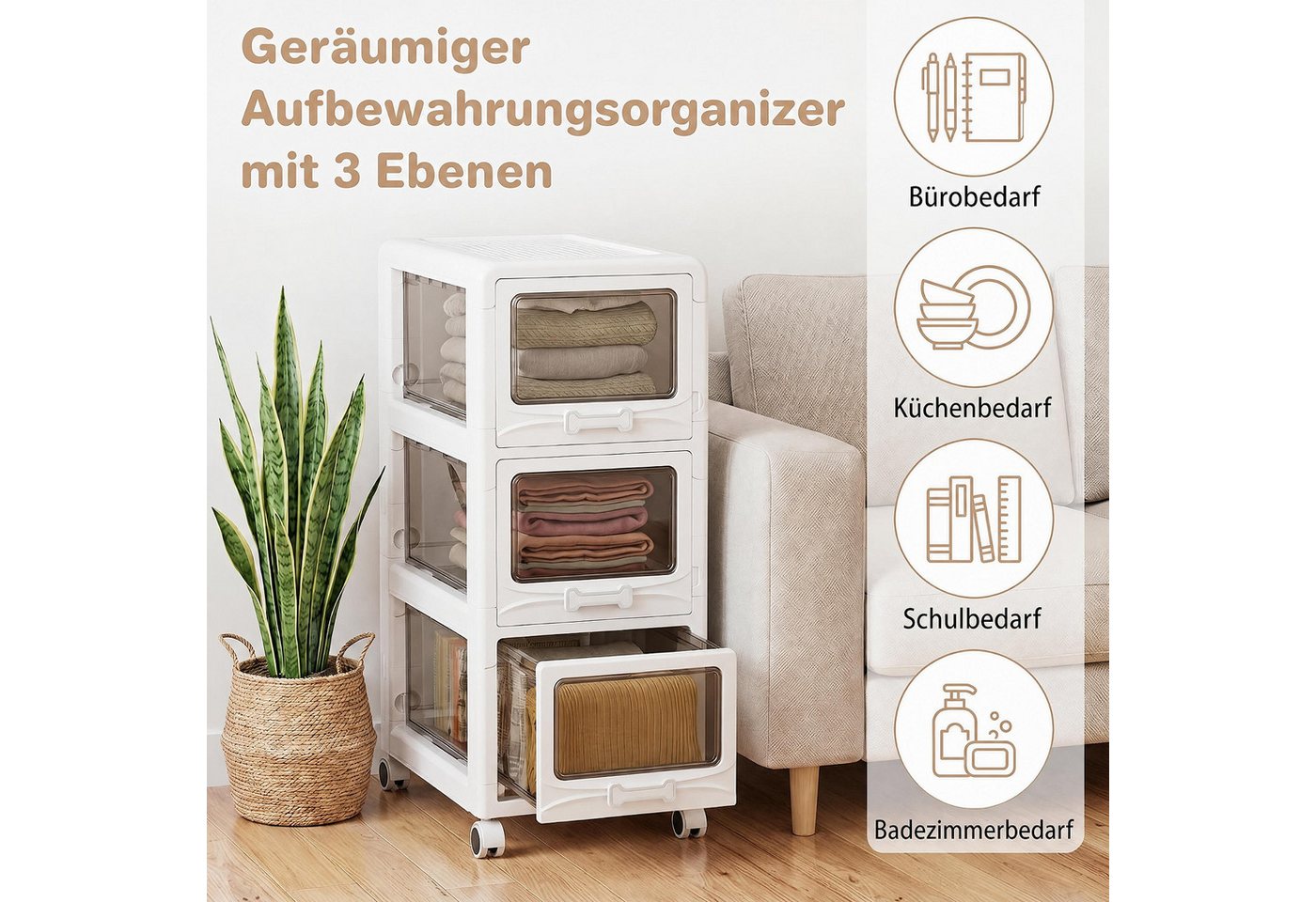 KOMFOTTEU Rollwagen Schubladenschrank Rollcontainer Kunststoff, mit Rollen – Bild 4 von 5