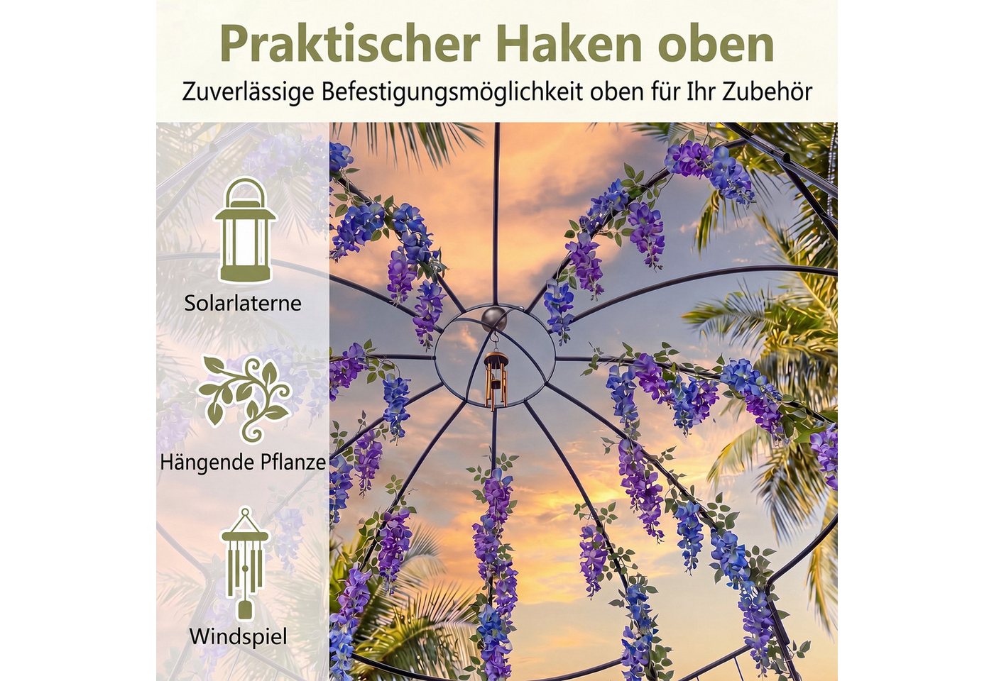 KOMFOTTEU Rosenbogen, Gartenpavillon aus Metall, mit Rankhilfe & Dach – Bild 4 von 5