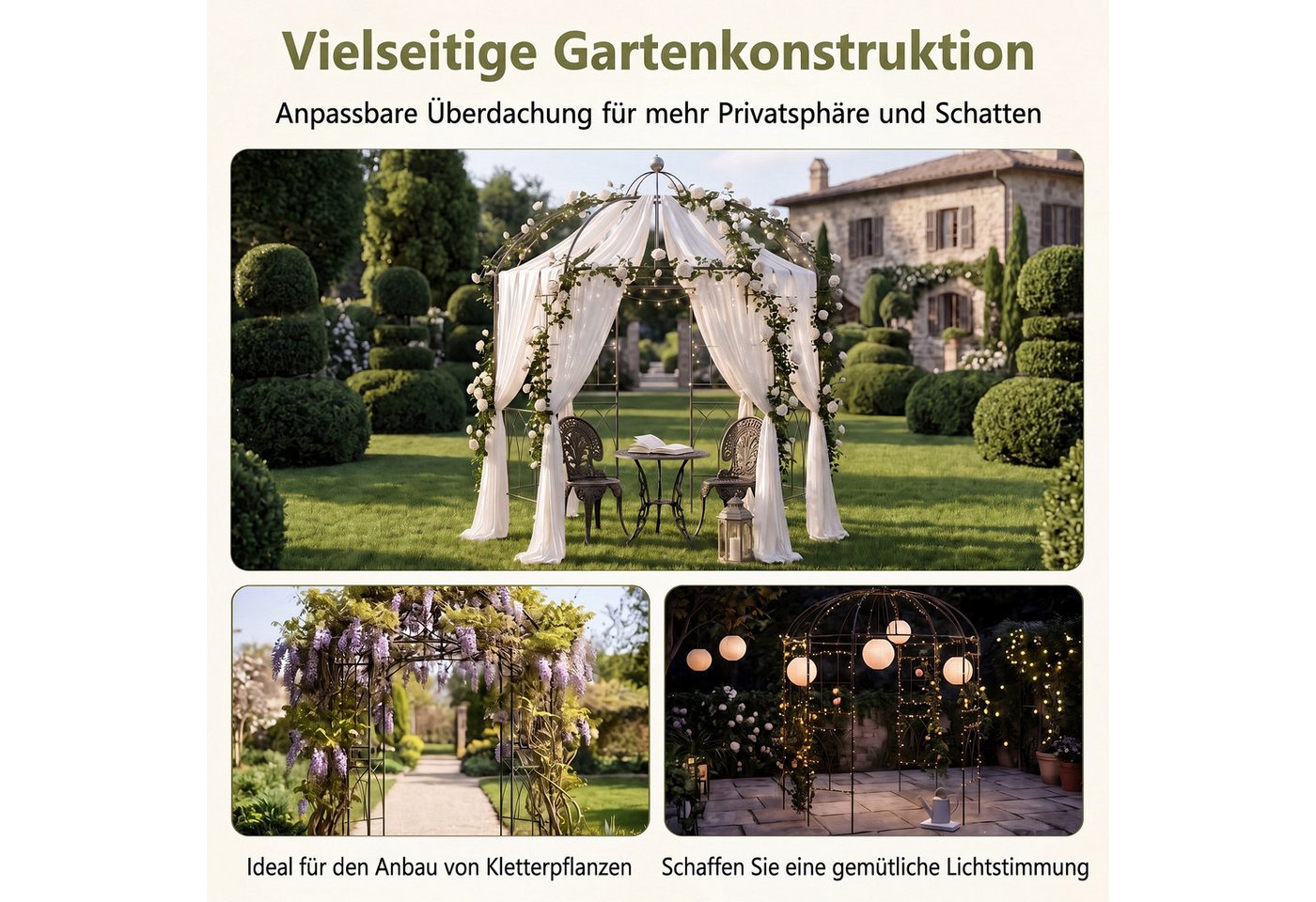 KOMFOTTEU Rosenbogen, Gartenpavillon aus Metall, mit Rankhilfe & Dach – Bild 5 von 5