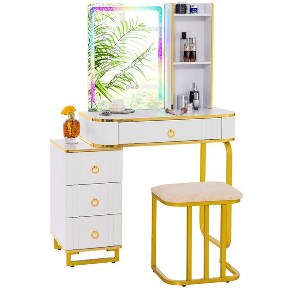 KOMFOTTEU Schminktisch, mit LED, Hocker, USB/Type C/Kabellosem Laden