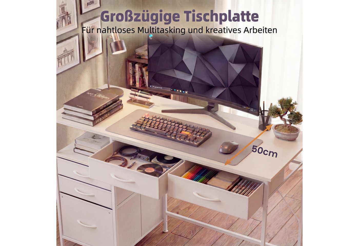 KOMFOTTEU Schreibtisch, Computertisch mit 5 Schubladen, offenem Regal – Bild 3 von 5