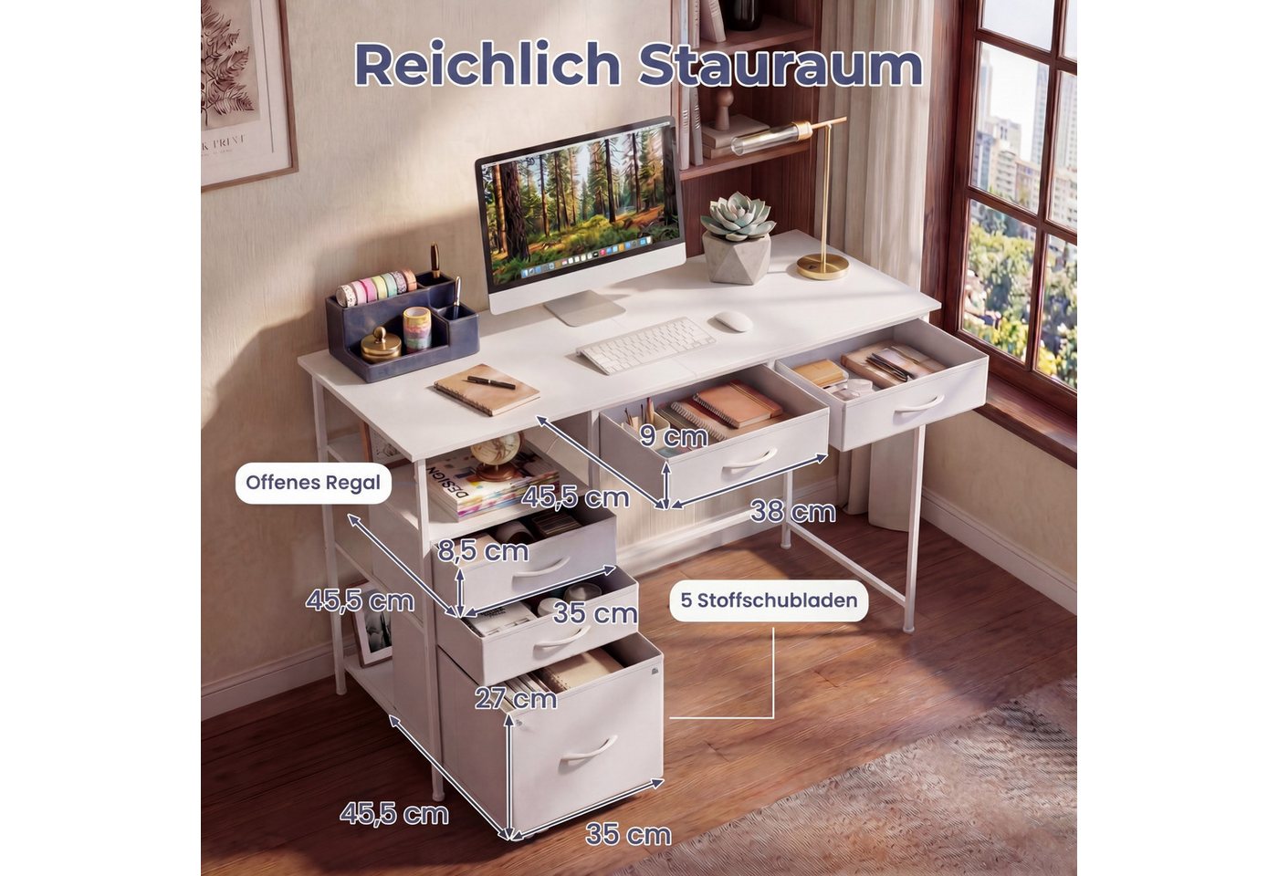 KOMFOTTEU Schreibtisch, Computertisch mit 5 Schubladen, offenem Regal – Bild 4 von 5