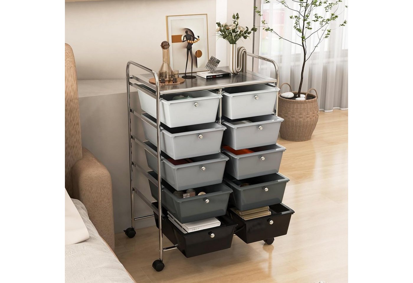 KOMFOTTEU Schuhregal Rollcontainer, mit 10 Schubladen stapelbar, 65,5 x 37 x 87 cm – Bild 2 von 5