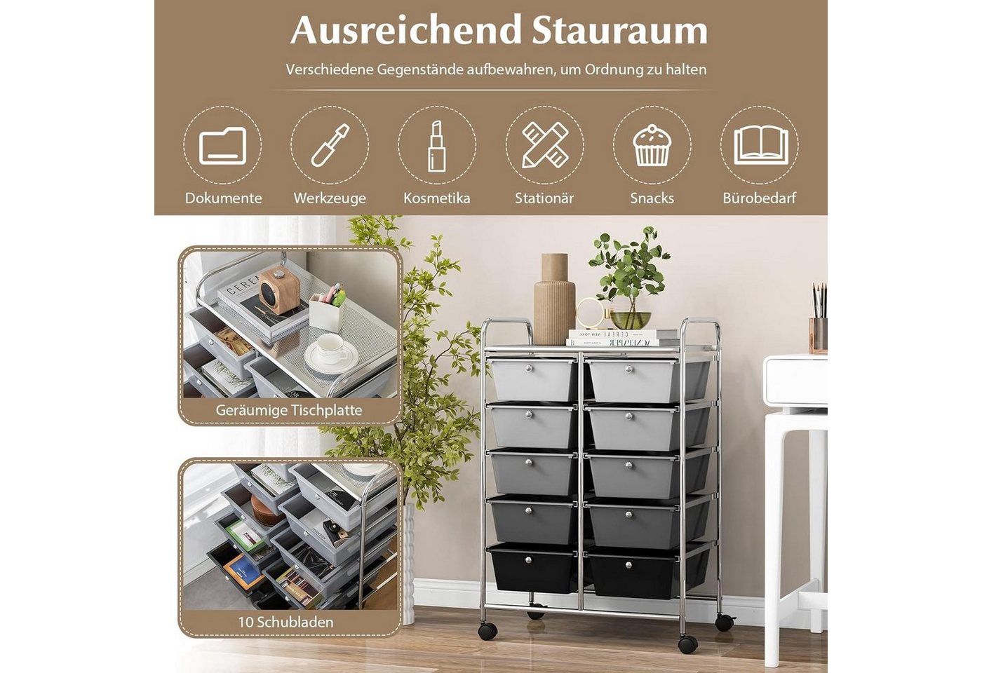 KOMFOTTEU Schuhregal Rollcontainer, mit 10 Schubladen stapelbar, 65,5 x 37 x 87 cm – Bild 4 von 5