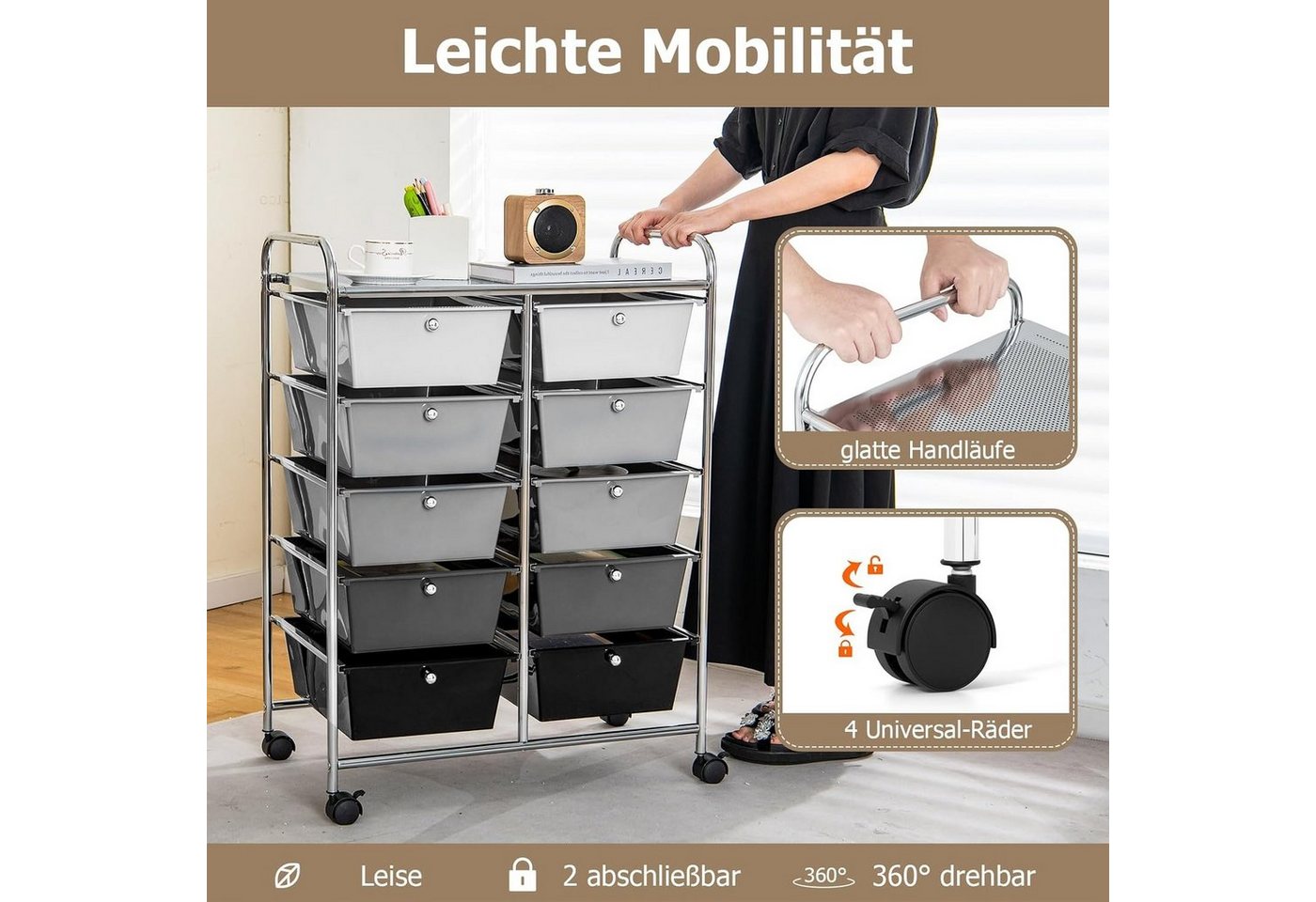 KOMFOTTEU Schuhregal Rollcontainer, mit 10 Schubladen stapelbar, 65,5 x 37 x 87 cm – Bild 5 von 5