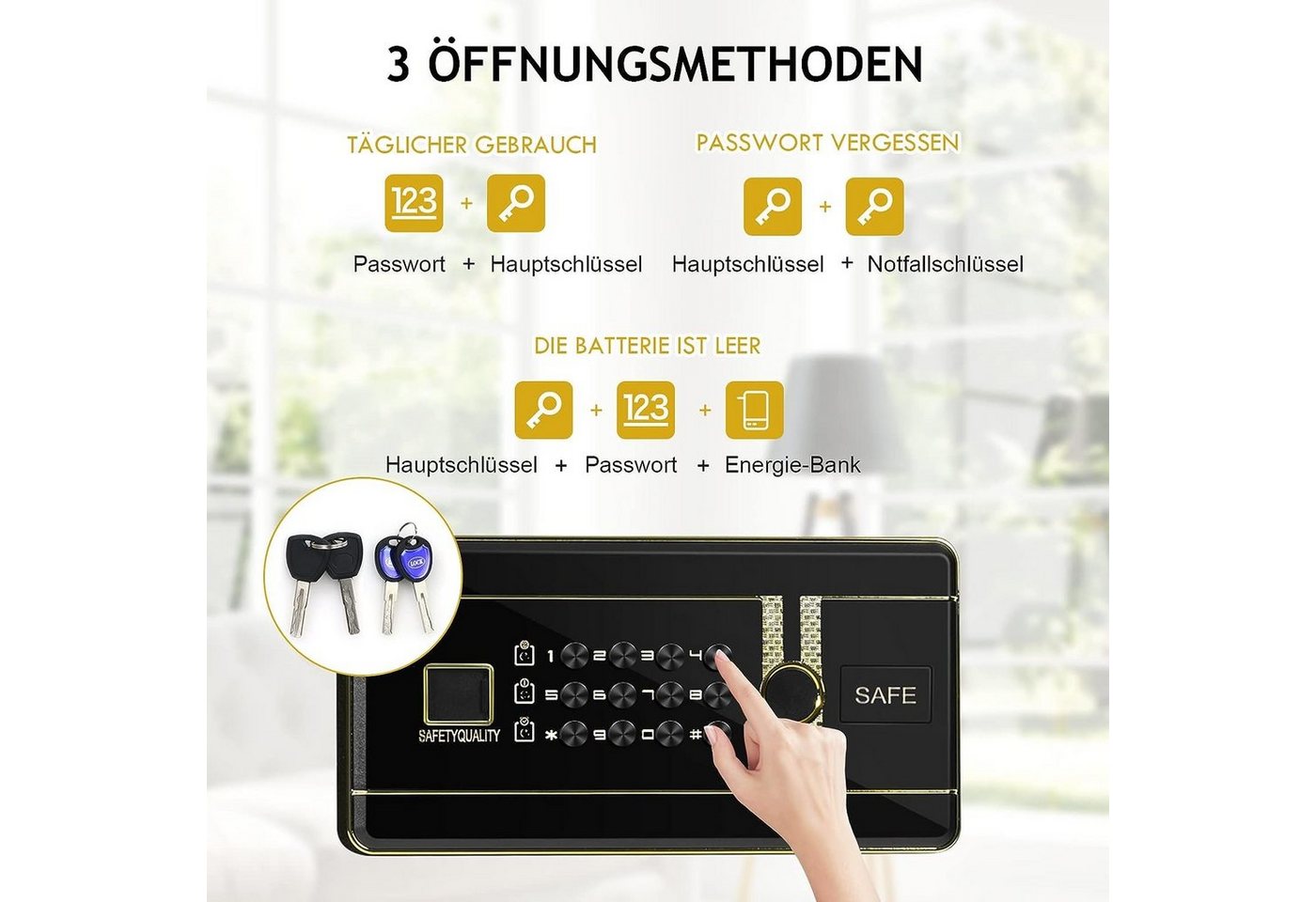 KOMFOTTEU Tresor, mit Zahlenschloss, Schlüssel & Alarmsystem – Bild 3 von 5
