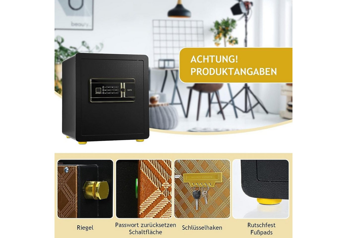 KOMFOTTEU Tresor, mit Zahlenschloss, Schlüssel & Alarmsystem – Bild 4 von 5