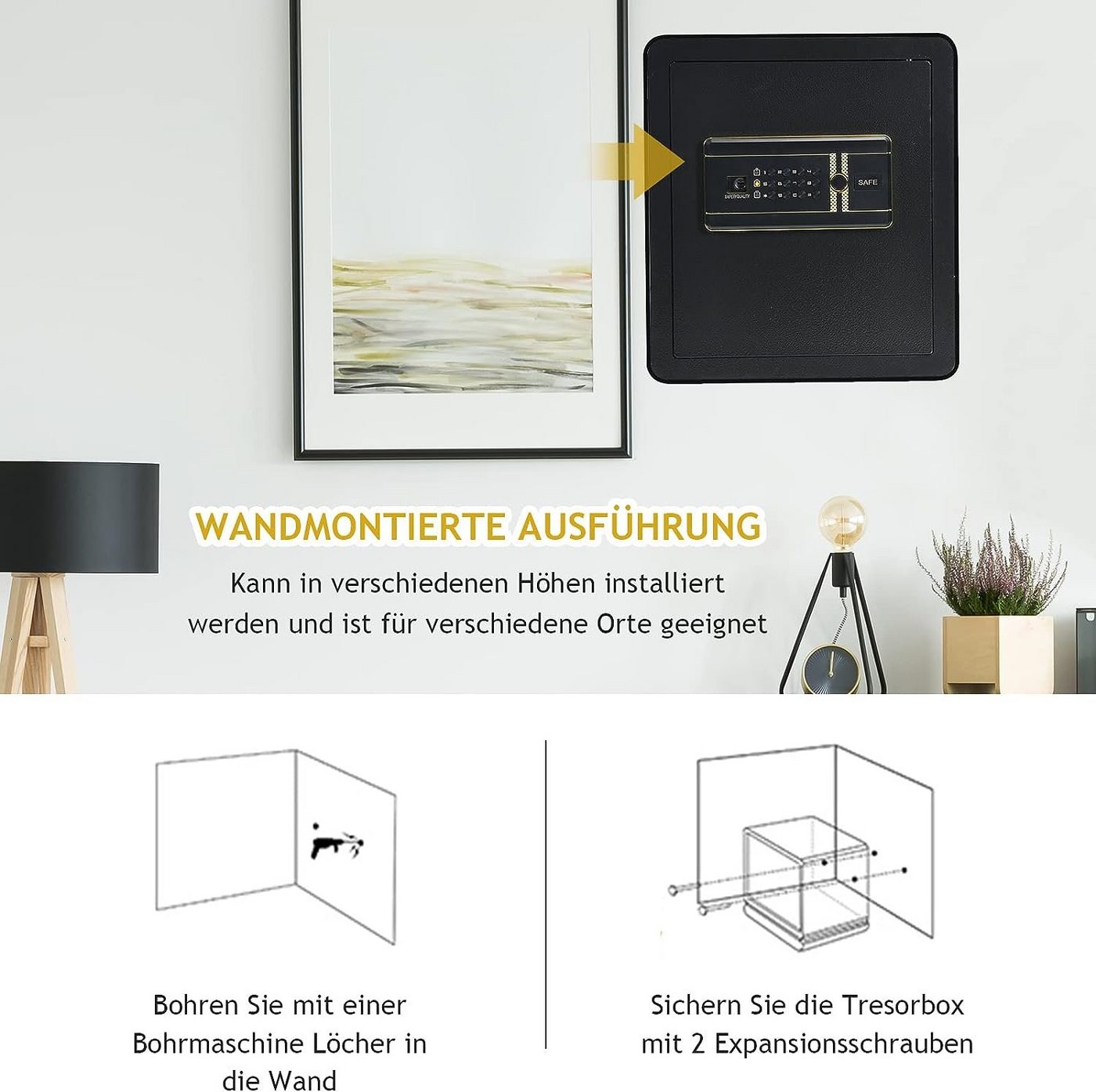 KOMFOTTEU Tresor, mit Zahlenschloss, Schlüssel & Alarmsystem – Bild 5 von 5