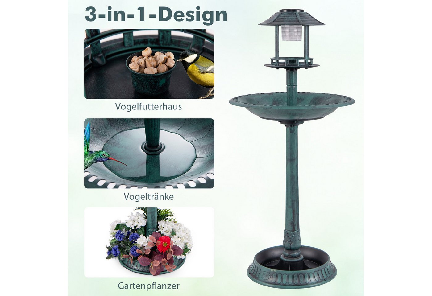 KOMFOTTEU Vogeltränke, Wassertränke Vogelbad Retro mit Solarlicht – Bild 2 von 5