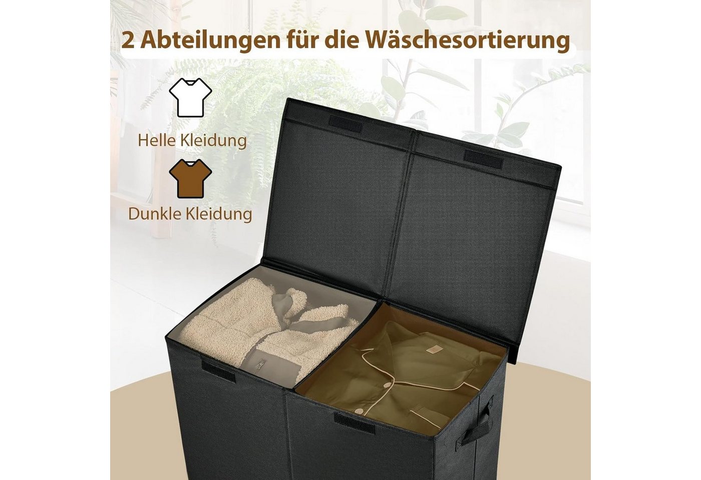 KOMFOTTEU Wäschekorb 2 Fächer, mit Deckel & Wäschesäcken, 62 x 31 x 60cm, 115L – Bild 2 von 5