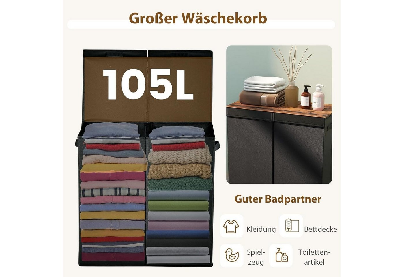 KOMFOTTEU Wäschekorb 2 Fächer, mit Deckel & Wäschesäcken, 62 x 31 x 60cm, 115L – Bild 3 von 5
