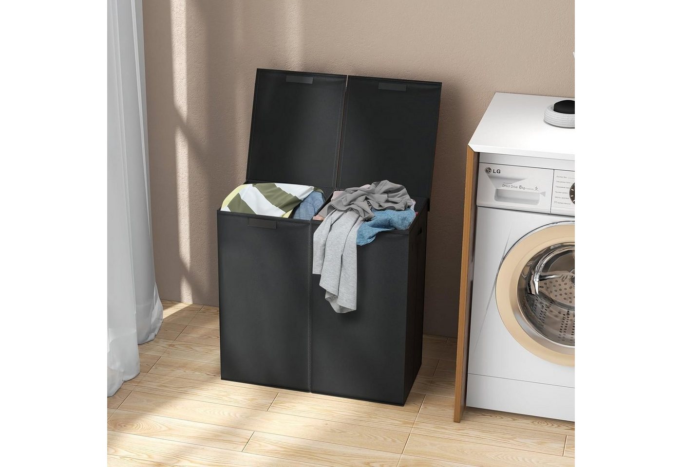 KOMFOTTEU Wäschekorb 2 Fächer, mit Deckel & Wäschesäcken, 62 x 31 x 60cm, 115L – Bild 5 von 5