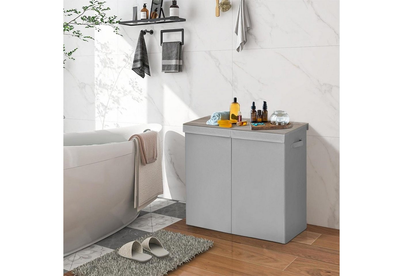 KOMFOTTEU Wäschekorb 2 Fächer, mit Deckel & Wäschesäcken, 62 x 31 x 60cm, 115L – Bild 2 von 5