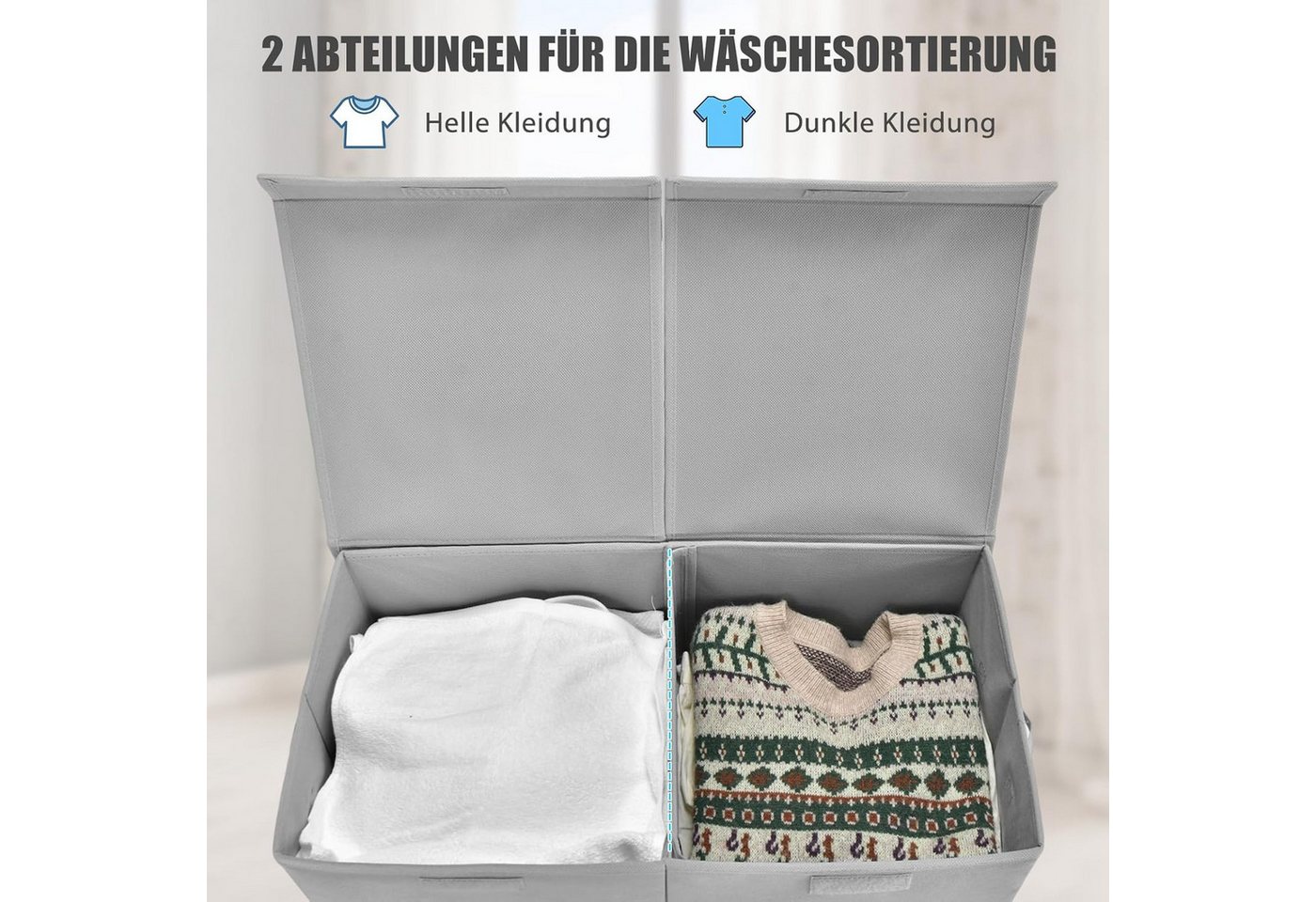 KOMFOTTEU Wäschekorb 2 Fächer, mit Deckel & Wäschesäcken, 62 x 31 x 60cm, 115L – Bild 4 von 5