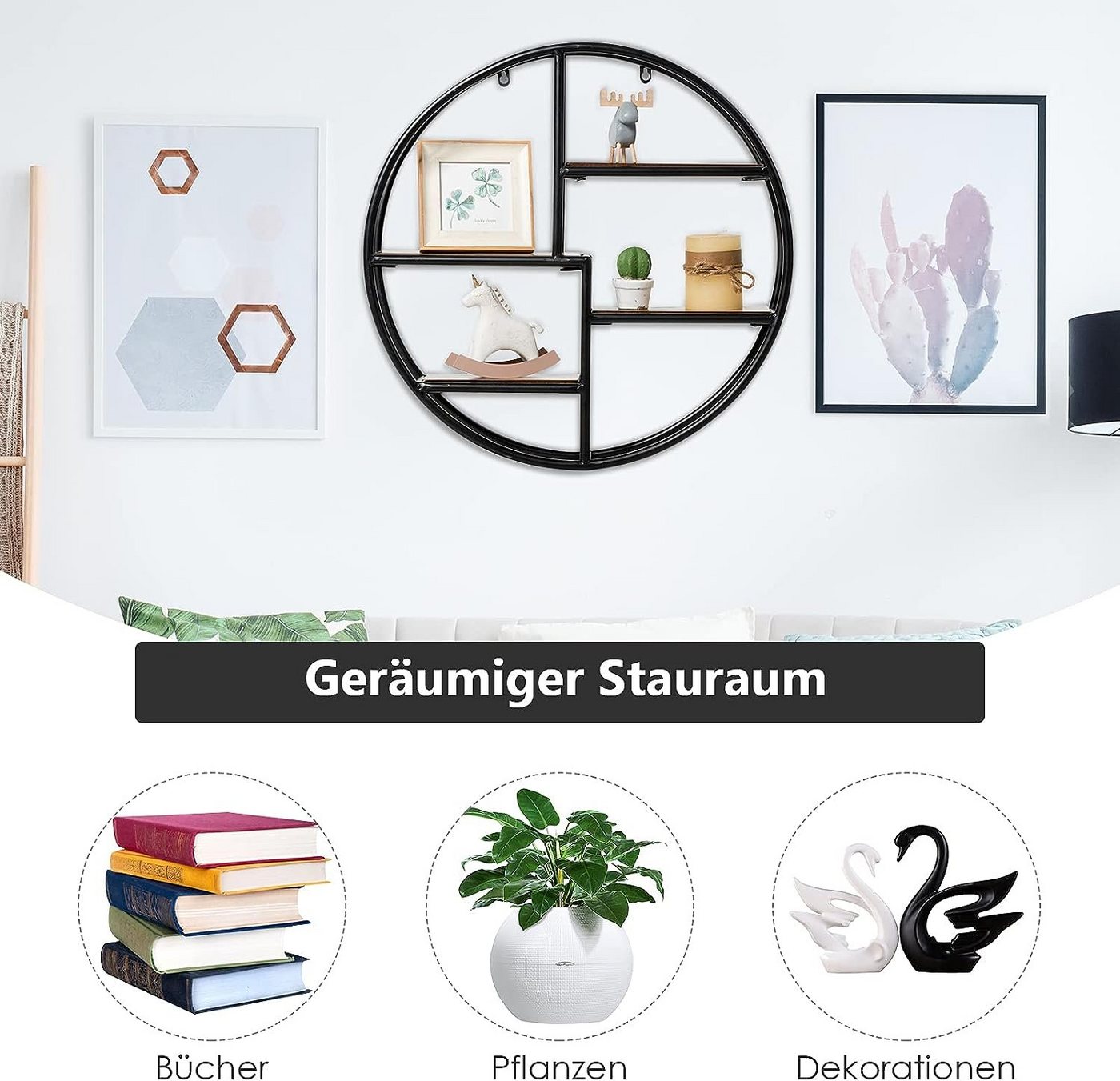 KOMFOTTEU Wandregal Hängeregal, Rundes Schweberegal, aus Holz & Metall – Bild 5 von 5