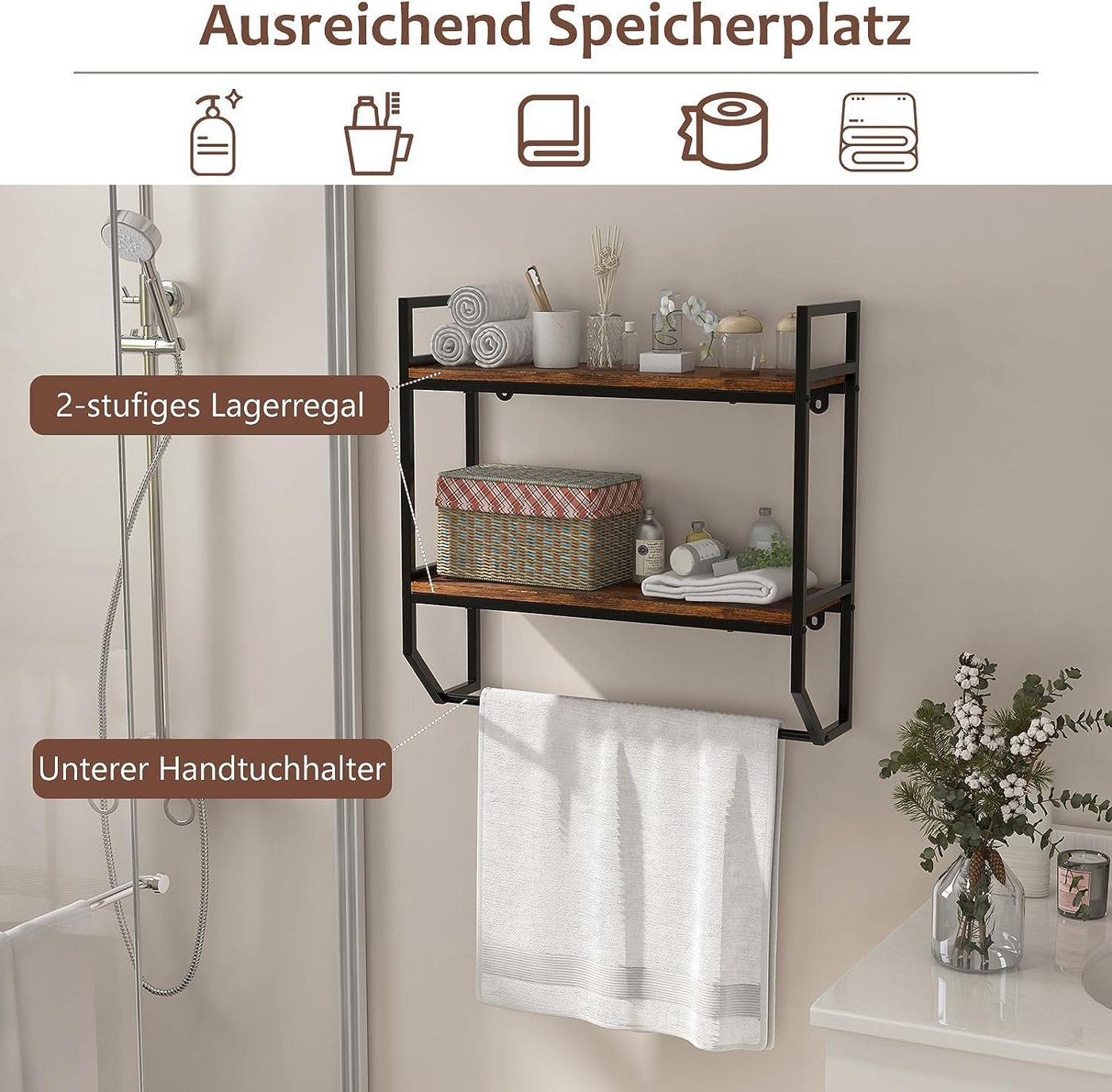 KOMFOTTEU Wandregal Schweberegal, Hängeregal mit Handtuchhalter – Bild 2 von 5