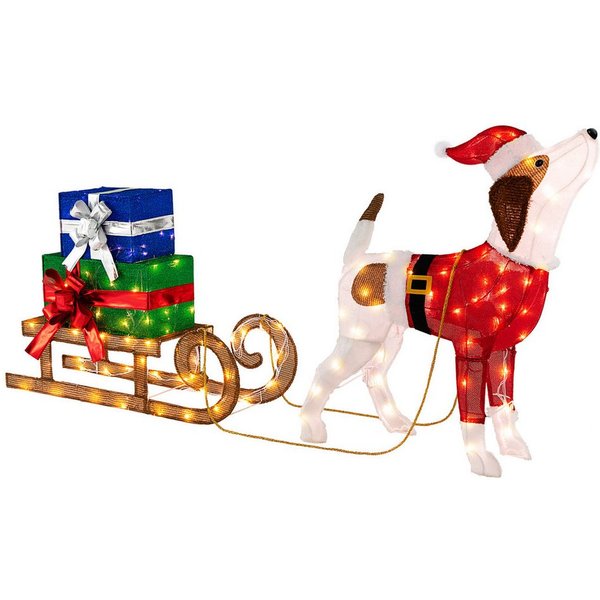 KOMFOTTEU Weihnachtsfigur, LED Hund mit Schlitten, glühendes Hündchen Weihnachtsdeko