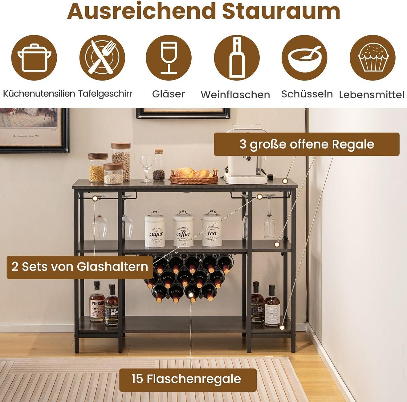 KOMFOTTEU Weinregal Flaschenregal, für 22 Flaschen, mit Steckdosen – Bild 3 von 5