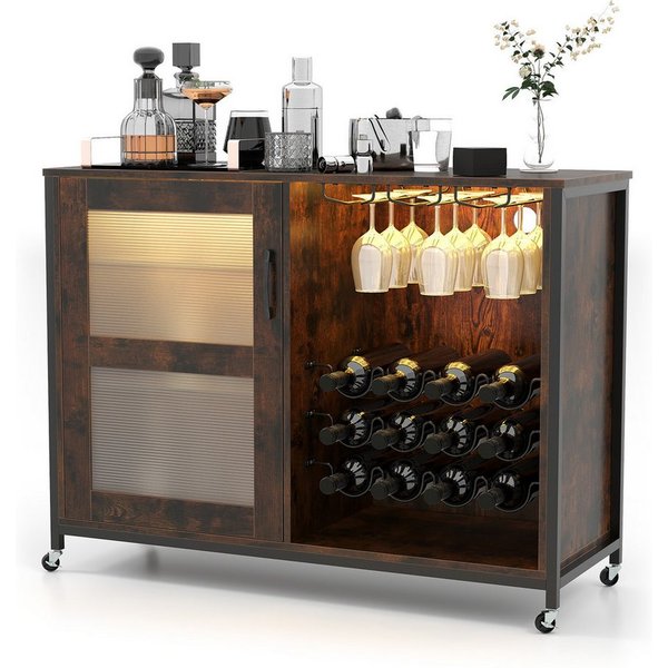 KOMFOTTEU Weinschrank Barschrank mit Beleuchtung, Rollen, Weinregal & Glashalter
