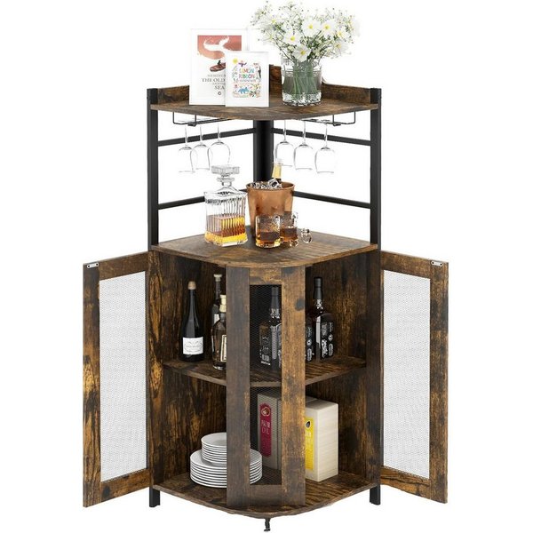 KOMFOTTEU Weinschrank Eck-Barschrank Weinbarschrank mit Glashalter, verstellbarem Regal, Metallgittertüren