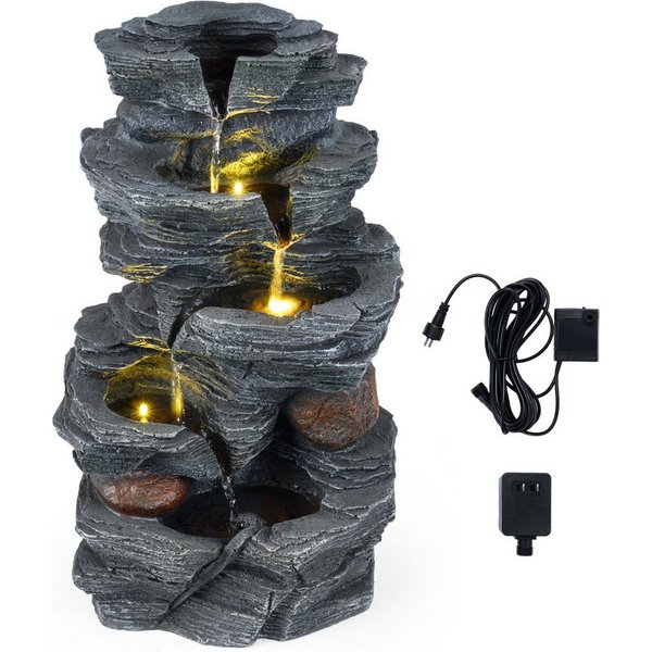KOMFOTTEU Zimmerbrunnen, Tischbrunnen mit Steineffekt, LED-Licht & leiser Pumpe