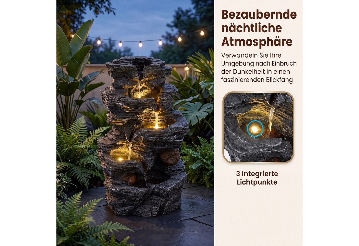 KOMFOTTEU Zimmerbrunnen, Tischbrunnen mit Steineffekt, LED-Licht & leiser Pumpe – Bild 2 von 5