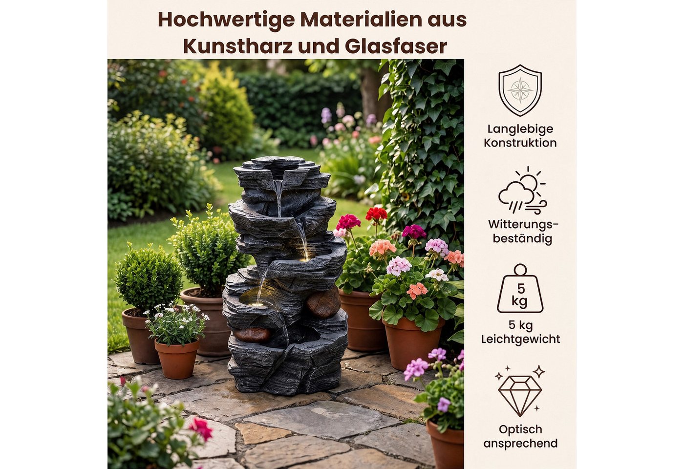 KOMFOTTEU Zimmerbrunnen, Tischbrunnen mit Steineffekt, LED-Licht & leiser Pumpe – Bild 4 von 5
