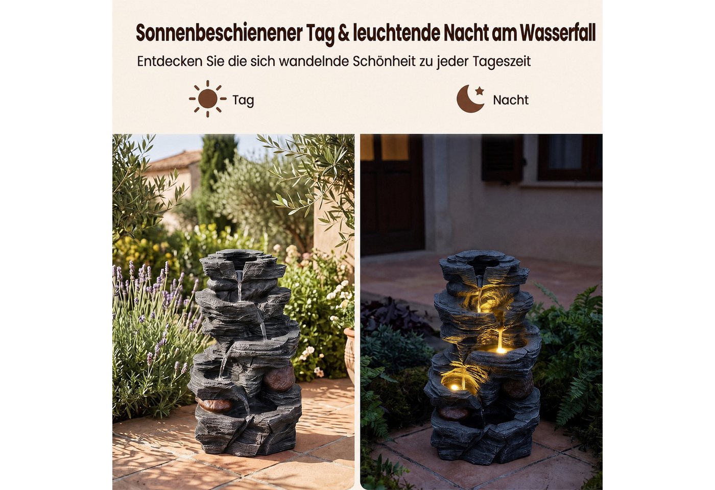 KOMFOTTEU Zimmerbrunnen, Tischbrunnen mit Steineffekt, LED-Licht & leiser Pumpe – Bild 5 von 5