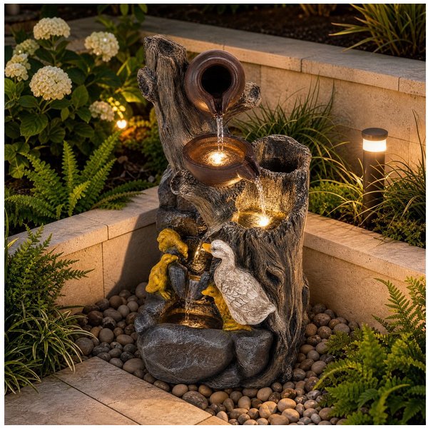 KOMFOTTEU Zimmerbrunnen 4-stufiger Springbrunnen mit LED-Licht & Pumpe, dekorativer Zierbrunnen, 30 x 27 x 57 cm