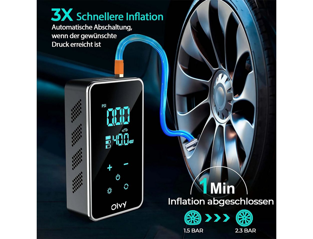 Olvy Kompressor Olvy Luftkompressor, Mini Reifenpumpe 7000mAh – Bild 2 von 5
