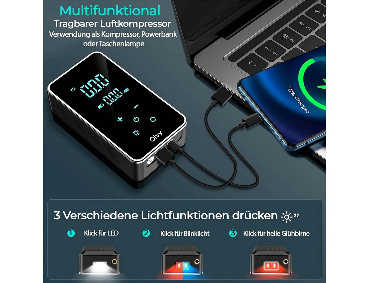 Olvy Kompressor Olvy Luftkompressor, Mini Reifenpumpe 7000mAh – Bild 4 von 5