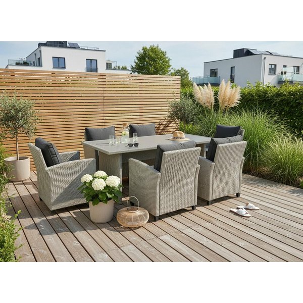 KONIFERA Garten-Essgruppe Amsterdam, (Set, 19-tlg., 6x Sessel, 6x Sitzauflagen, 6x Rückenauflagen, 1x Tisch), bestehend aus 6 Sesseln, 12 Sitz- und Rückenkissen