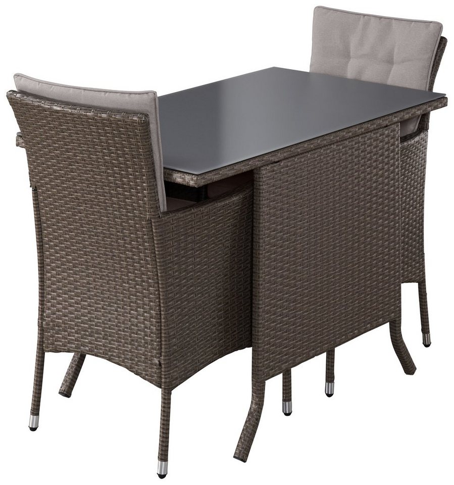 KONIFERA Garten-Essgruppe Balkonset "Mailand", (Set, 7-tlg., 2x Sessel, 1x Tisch 112x65 cm, inkl. Auflagen, Polyrattan), Tischplatte aus Sicherheitsglas – Bild 2 von 5