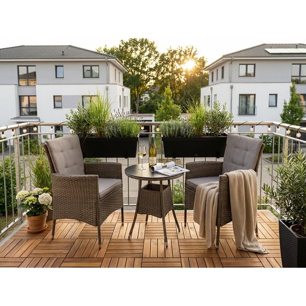 KONIFERA Garten-Essgruppe Balkonset "Mailand", (Set, 7-tlg., 2 Sessel, Tisch Ø 50 cm, inkl. Auflagen), Polyrattan, Tischplatte aus Sicherheitsglas, verzinkter S