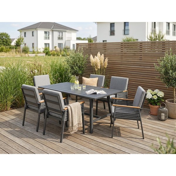 KONIFERA Garten-Essgruppe Edessa, (Set, 19-tlg., 6x Sessel, 6x Sitzauflagen, 6x Rückenauflagen,1x Tisch), Tischplatte aus Alu-Lamellen,Armlehne mit Seilgeflecht